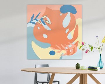 Zomertijd. Tropische botanische abstracte bladeren in terracotta, blauw en geel nr. 6