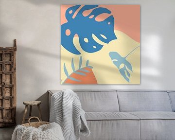 Zomertijd. Tropische botanische abstracte bladeren in terracotta, blauw en geel nr. 10 van Dina Dankers