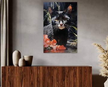 Schwarze Katze mit Wildblumen von ColorCat