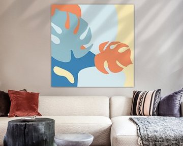 Summertime. Tropical botanical abstract leaves in terracotta, blue and yellow no. 1_2 by Dina Dankers