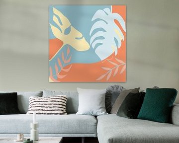 Summertime. Tropical botanical abstract leaves in terracotta, blue and yellow no. 3_2 by Dina Dankers