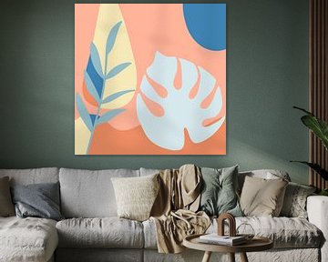 Zomertijd. Tropische botanische abstracte bladeren in terracotta, blauw en geel nr. 4_2