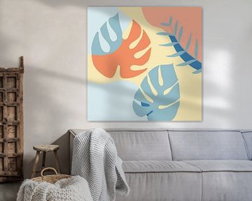 Zomertijd. Tropische botanische abstracte bladeren in terracotta, blauw en geel nr. 8_2 van Dina Dankers