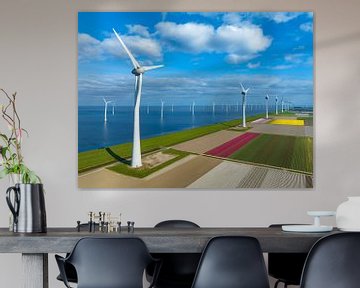 Wind turbines with tulips in agricultural fields in the background by Sjoerd van der Wal Photography