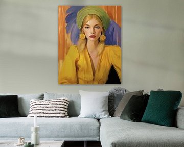 Modern portrait in yellow, purple, green and orange by Carla Van Iersel
