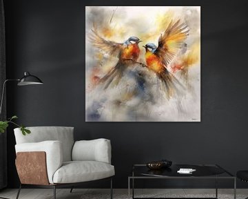 abstraktes Aquarell eines Vogels von Gelissen Artworks