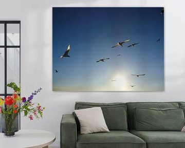 Zeemeeuwen vliegen de zon tegemoet van Mariska van Essen