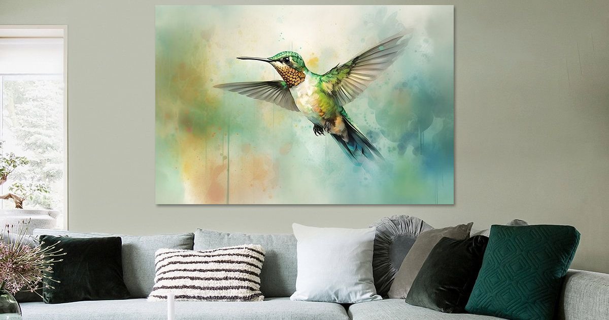 Flying hummingbird in colour by But First Framing on canvas, poster,  wallpaper and more