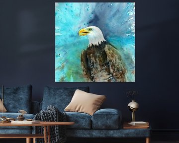 Portrait of a Bald Eagle square watercolour painting by Karen Kaspar