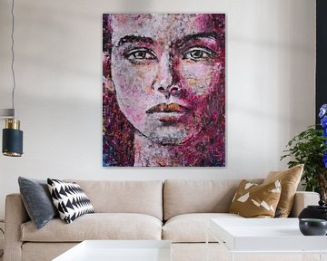 Sure | Schilderij van gezicht vrouw met roze en zwart van Anja Namink - Schilderijen