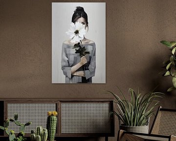 Verlegen vrouw achter bloem van But First Framing