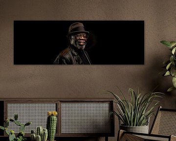 Curtis Mayfield auf Black Screen - Legendäres Porträt von Surreal Media