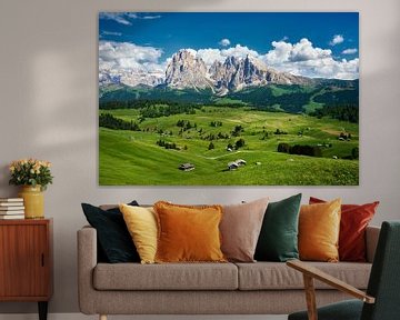 Alpe di Siusi in Zuid-Tirol met de Sassolungo-groep op de achtergrond van Reiner Würz / RWFotoArt