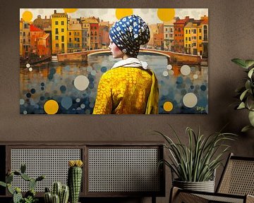 Modern meisje met de parel II Johannes Vermeer kijkend naar de grachten in Amsterdam van René van den Berg