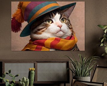 Katze mit bunter Mütze und Halstuch von H.Remerie Fotografie und digitale Kunst