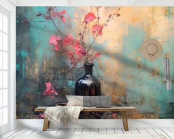 Blumenstillleben in einer dunklen Flasche – Wabi-Sabi-Kunst von Joriali Fotografie und Gemälde