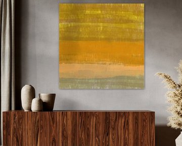 Kleurrijke huiscollectie. Abstract landschap in warm bruin, oranje, geel. van Dina Dankers