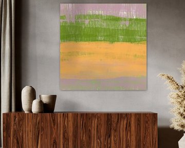 Kleurrijke huiscollectie. Abstract landschap in roze, oranje, groen. van Dina Dankers