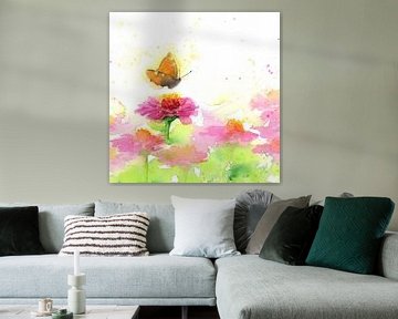 Zinnias roses et papillon sur Karen Kaspar