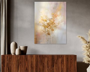 Abstract schilderij - roze, wit, amber en goud van Joriali