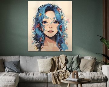 Anime stijl portret meisje met blauwe haren en bloemen