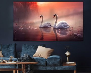 Two Swans in A Magical Lake by Vlindertuin Art