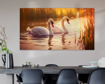 Swans under the spell of the Setting Sun by Vlindertuin Art