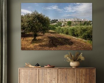 Zicht op Ostuni met olijfboom op voorgrond, Italië van Joost Adriaanse
