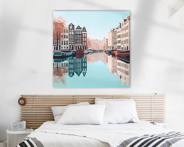 Pastel digital art of Amsterdam canal and houses by Thea