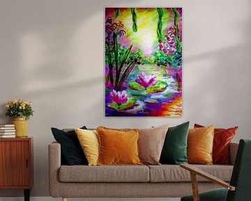 De waterlelies /  Zonsopgang in  het water Lotus bloemen in meer Claude Monet landschap Natuur en reizen Kunst print van Jolanda Bakker