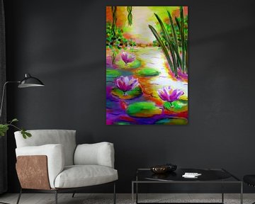 Water lelies en vissen / Waterlelies Claude Monet Zon zonsopkomst in de zomer Lotus bloemen in vijver Bloesems in landschap Reizen Japan Kunst print van Jolanda Bakker