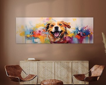 Vrolijk Schilderij hond: Een Abstract Kleurrijk Schilderij van een vrolijke hond van Surreal Media