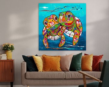 Vrolijke verliefde en knuffelende schildpadden van Happy Paintings