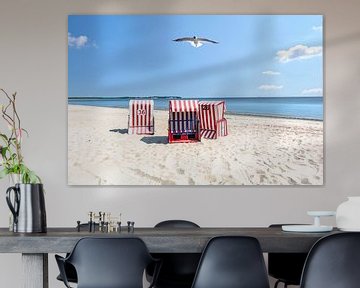 Three red and white striped beach chairs with a seagull by GH Foto & Artdesign