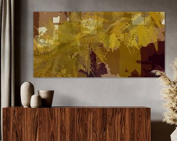 Kleurrijke abstracte botanische kunst. Varensbladeren in geel, bruin, paars van Dina Dankers