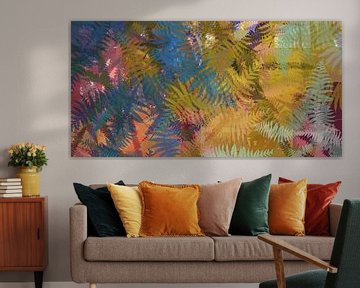Kleurrijke abstracte botanische kunst. Varensbladeren in blauw, paars, bruin van Dina Dankers