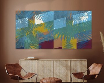 Colorful abstract botanical art. Fern leaves in blue on retro geometrics by Dina Dankers