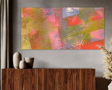 Colorful abstract botanical art. Fern leaves in ocher on red and pink by Dina Dankers