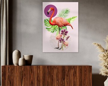 Flamingo met vintage style bloemen roze van Postergirls