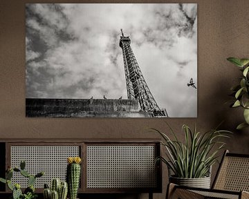 De Eiffeltoren vanaf het water met duiven in Parijs op een regenachtige dag van Laura de Kwant