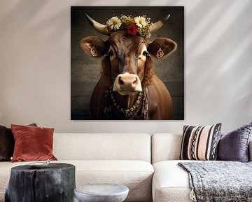 Vache "Curly&quot ; avec coiffure en fleurs sur YArt