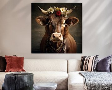 Koe “Curly” met bloementooi van YArt