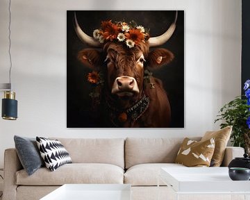 Bruin vee met bloemdecoratie van YArt
