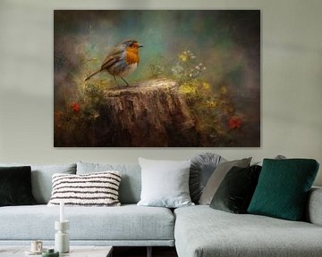 Roodborstje op een boomstronk – Olieverf Schilderij in Herfstige Natuurtinten van Joriali Fine Art