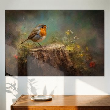 Robin on a Tree Stump – Oil Painting in Autumnal Natural Shade by Joriali Fine Art