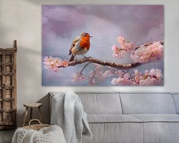 Rotkehlchen in rosa Blüten – Romantische Wandkunst von Joriali Fine Art