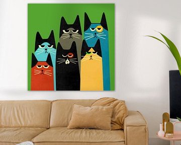 A group portrait featuring colourful cats with a retro look.