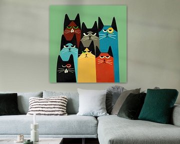 A portrait of 7 coloured cats with a retro look.