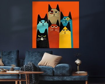 Een portret van 6 gekleurde katten met een retro uitstraling. van Bianca van Dijk