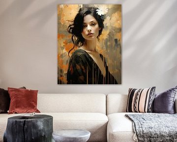 Portrait moderne dans les tons jaune et orange sur Carla Van Iersel